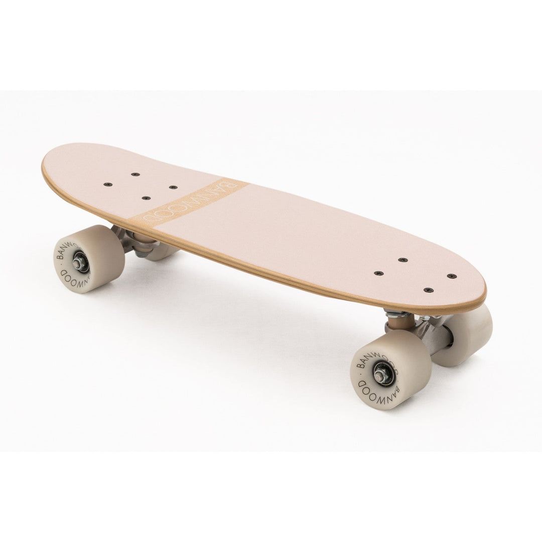 Banwood skateboard angled view showing deck, wheels and wooden edge detail