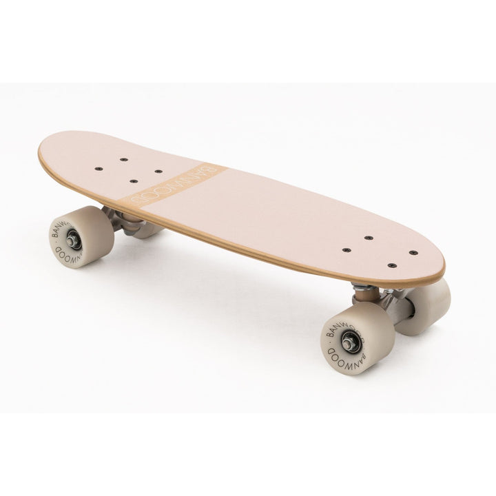 Banwood skateboard angled view showing deck, wheels and wooden edge detail