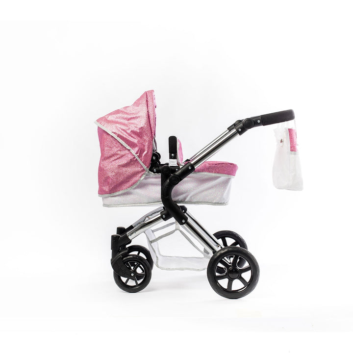 Roma Stephanie Single Dolls Pram side view showing sparkle fabric detail