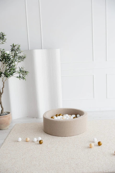 Monio for Kids Beige Boucle Round Ball Pit — lifestyle image in nursery setting