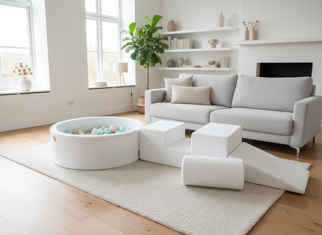 The MeowBaby Playground with Ball Pit - Boucle modules rearranged in a family living room