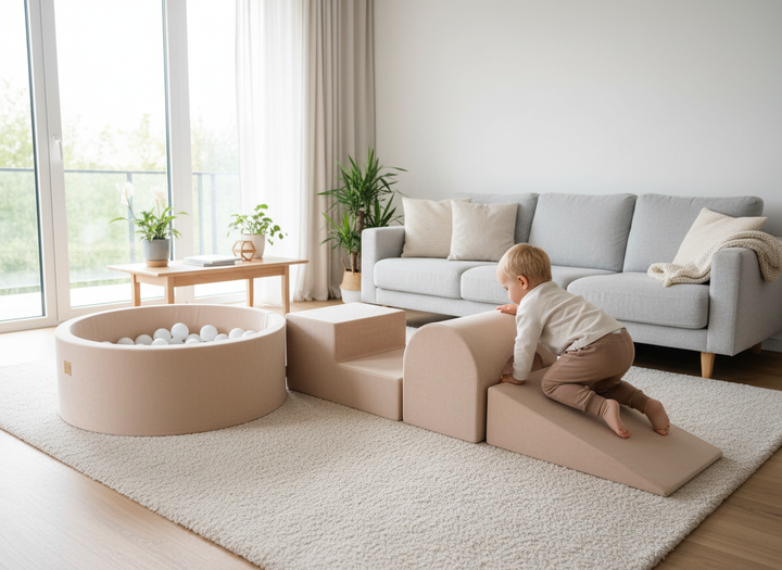 The MeowBaby Soft Play Ball Pit - Velvet modules rearranged in a family living room