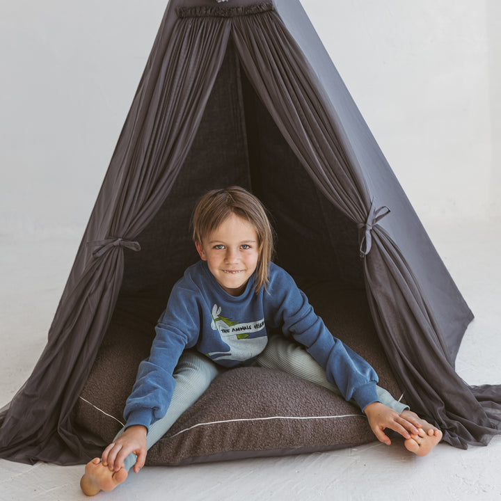 MINICAMP play teepee and grey boucle floor cushion styled together
