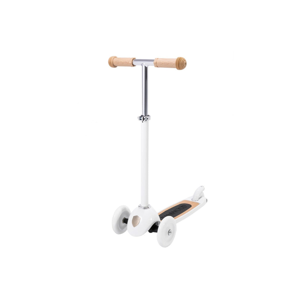 White scooter three-quarter view with dual wooden T-bar handles