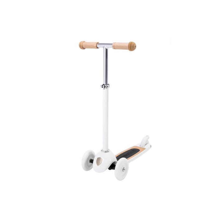 White scooter three-quarter view with dual wooden T-bar handles