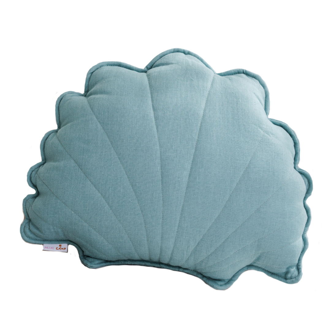 MINICAMP mint linen seashell cushion, scalloped shell shape, product cutout