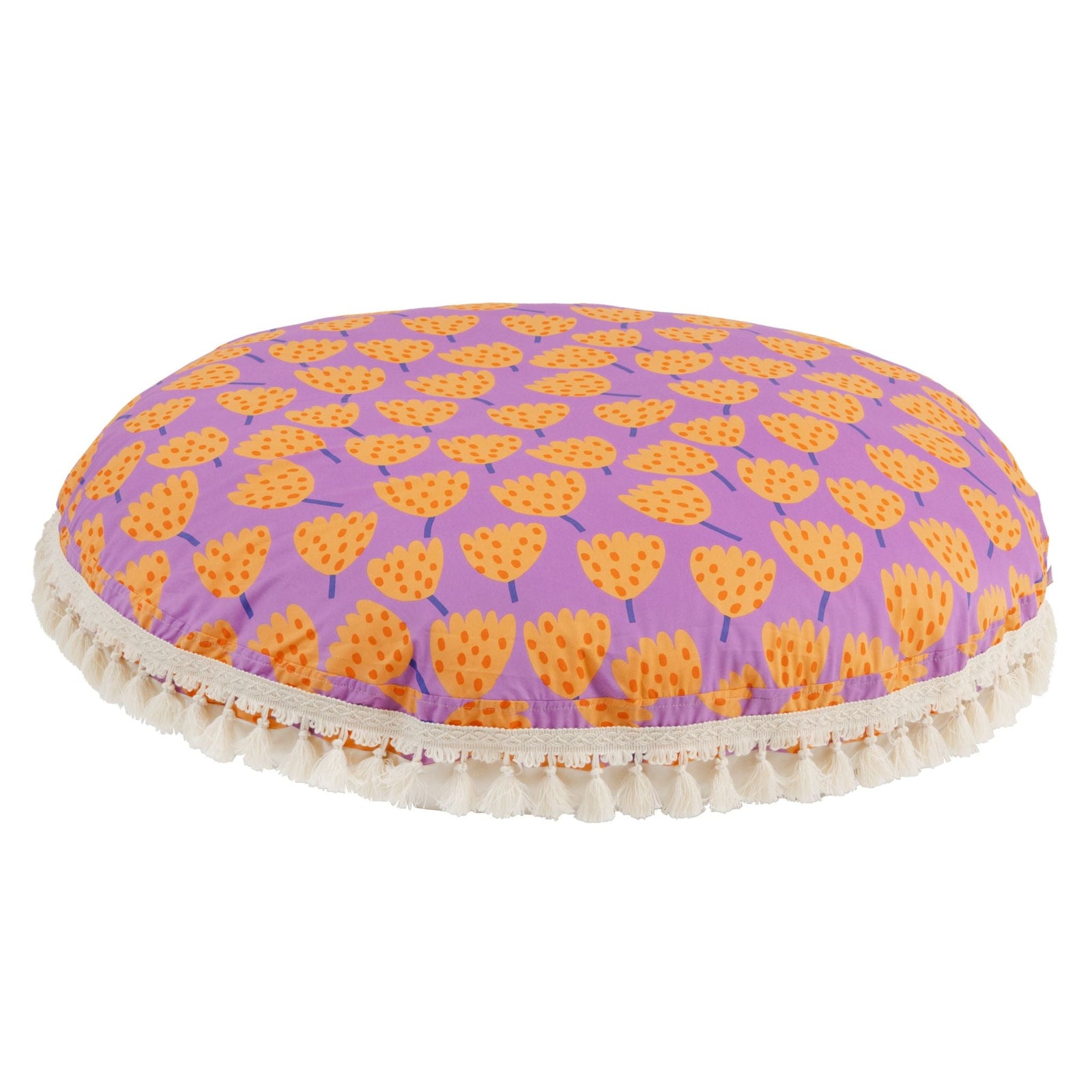 MINICAMP large round kids floor cushion in vibrant orange tulip print on violet cotton, with cream tassel trim