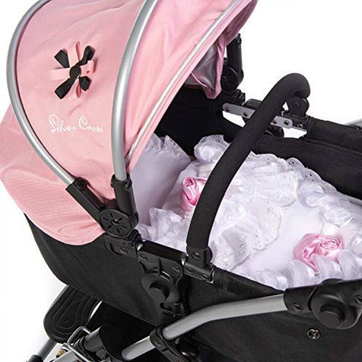 Roma Dolls Pram Bedding Set in white with pink rose print, quilt and pillow
