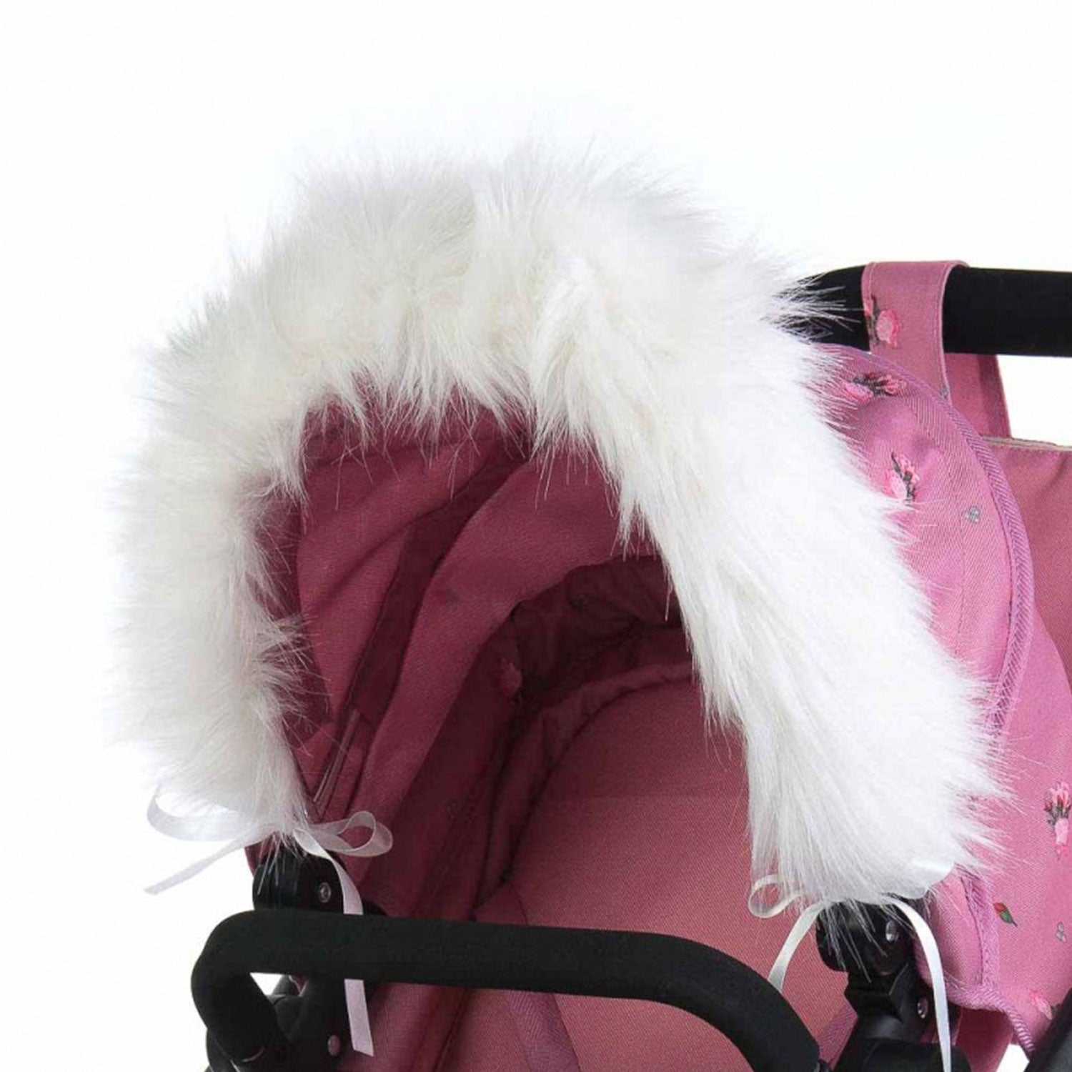 Roma Dolls Pram Hood Fur in white, ribbon-tied to a dolls pram hood