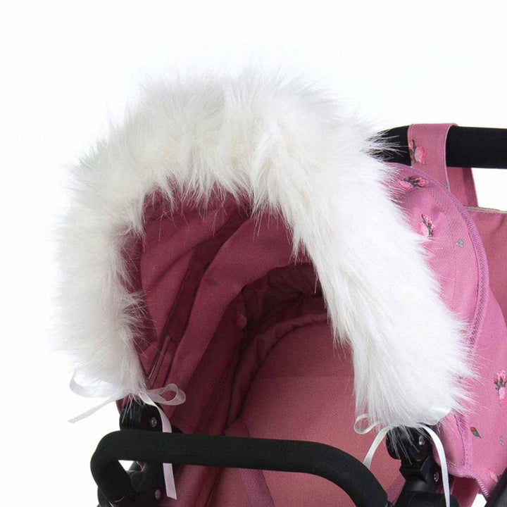 Roma Dolls Pram Hood Fur in white, ribbon-tied to a dolls pram hood